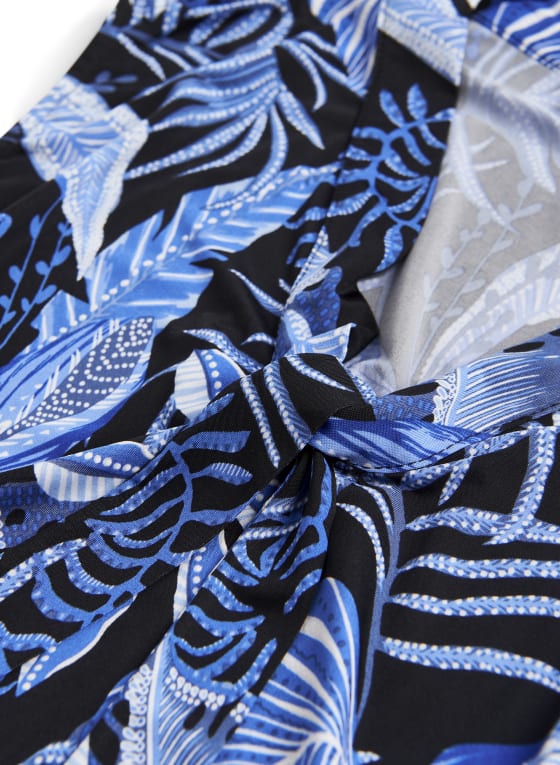 Tie Detail Leaf Print Top, Black Pattern