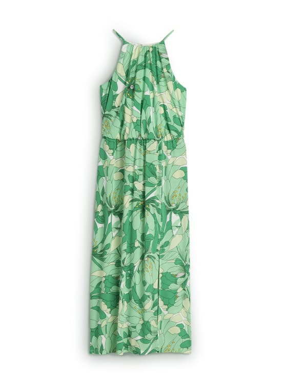 Robe à col licou et motif floral abstrait, Motif vert