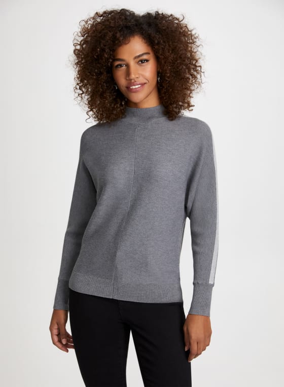 Contrast Stripe Mock Neck Sweater, Medium Grey Mix 