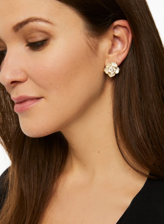Crystal Detail Flower Earrings, Gold