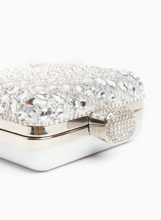 Square Crystal Cascade Clutch, Silver