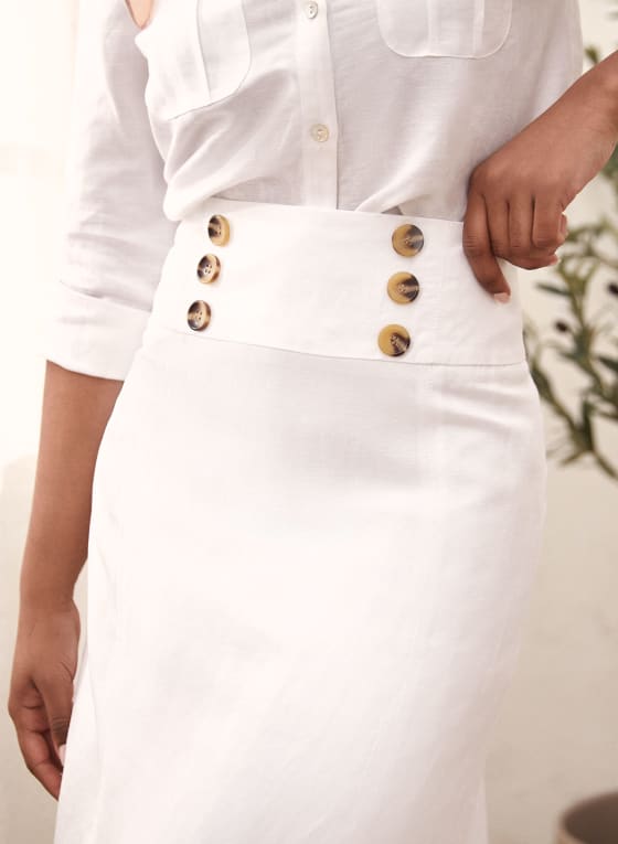 Button Detail Linen-Blend Skirt, White