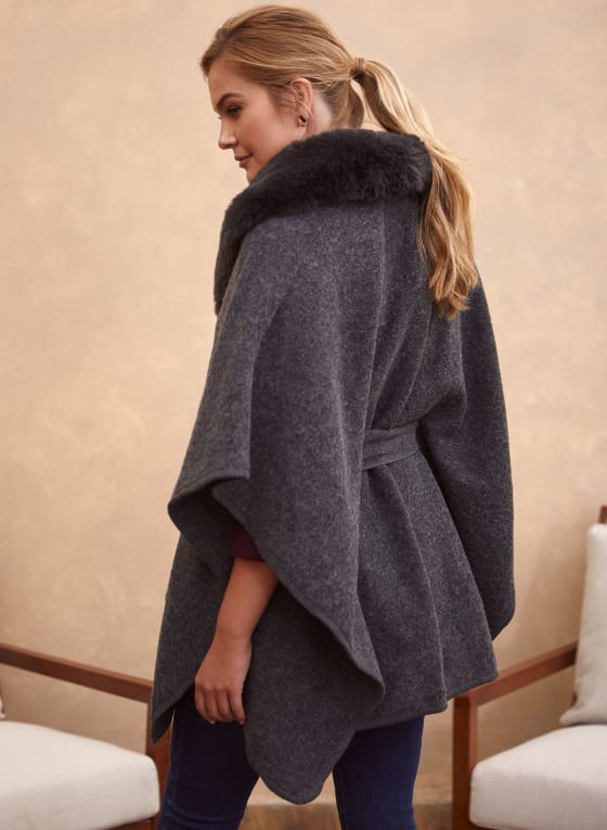 Faux Fur Collar Belted Poncho, Charcoal