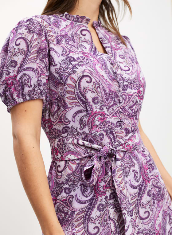 Robe à manches courtes ballon et motif paisley, Motif violet