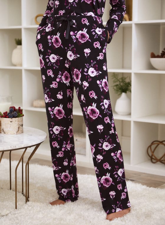 Rose Print Pyjama Pants, Black Pattern