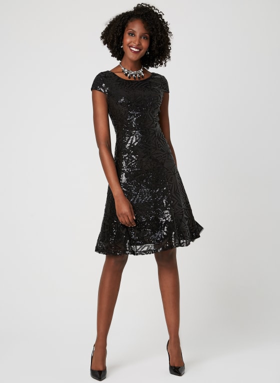 Fit & Flare Sequin Dress, Black