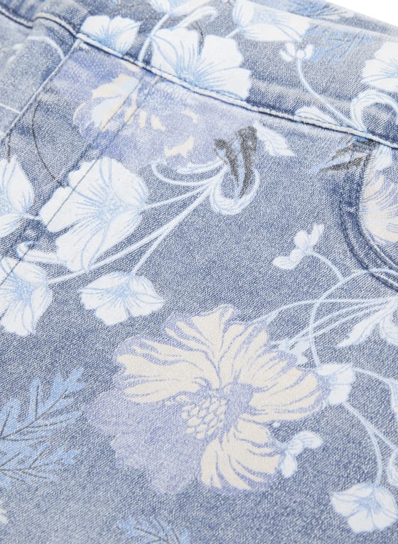 Pull-On Floral Print Denim Capris, Blue Pattern