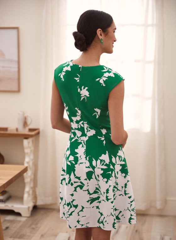Floral Print Fit & Flare Dress, Green Pattern