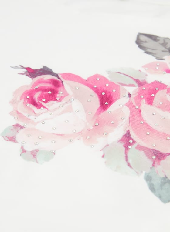 Rose Print Crystal Detail Tee, White Pattern