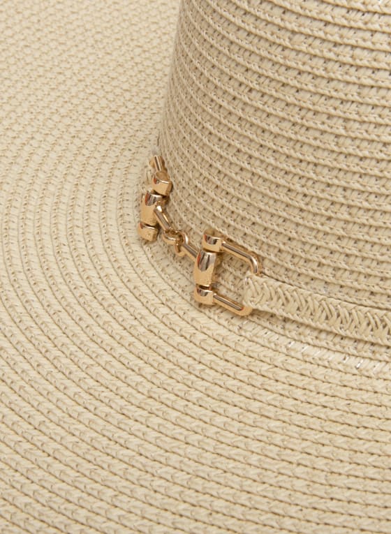 Wide Brim Chain Detail Straw Hat, Natural Beige