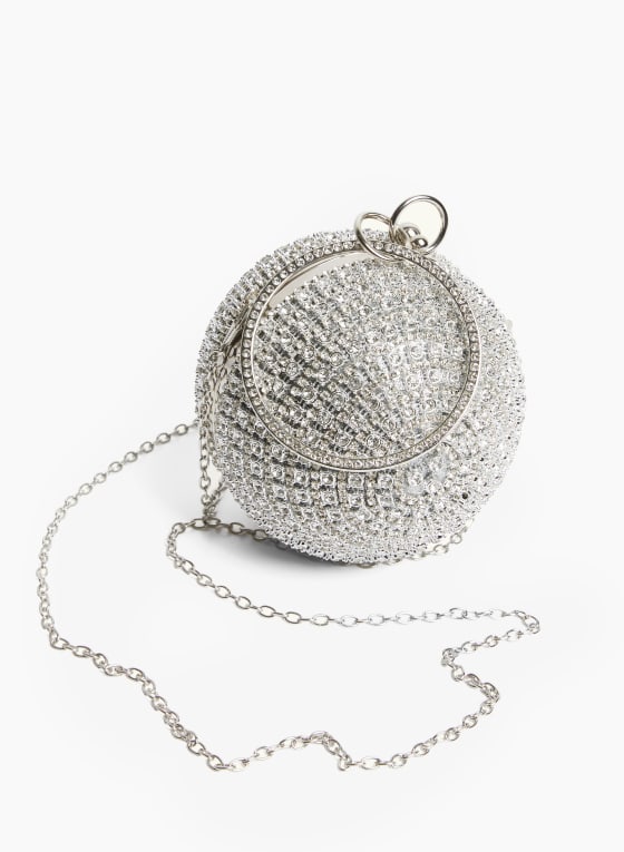 Crystal-Encrusted Ball Clutch, Silver