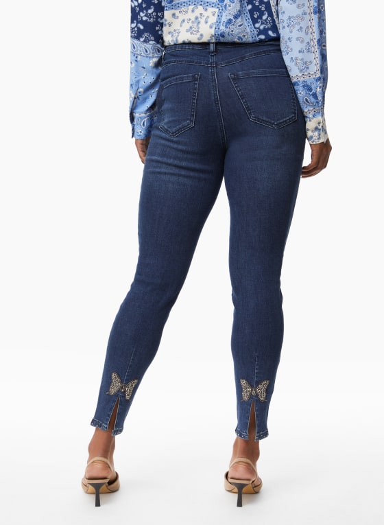 Butterfly Rhinestone Detail Slim Leg Jeans, Light Blue