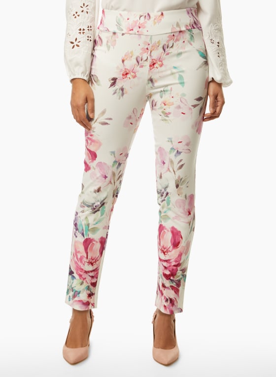 Pull-On Floral Print Pants, White Pattern