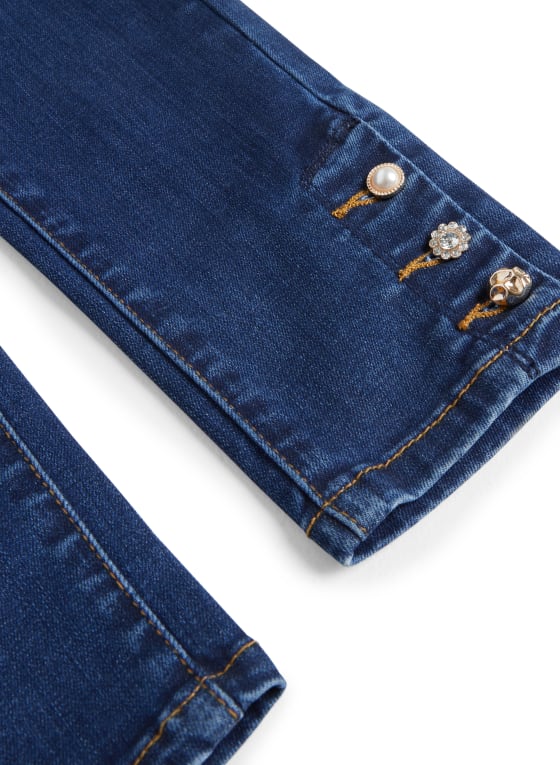 Button Detail Slim Leg Jeans, Indigo Blue