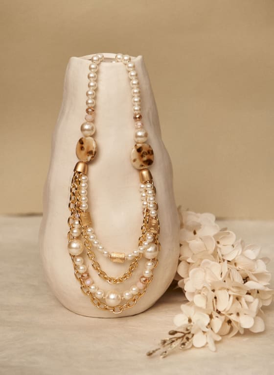 Collier multi-rangs à perles et détails dorés, Blanc perle