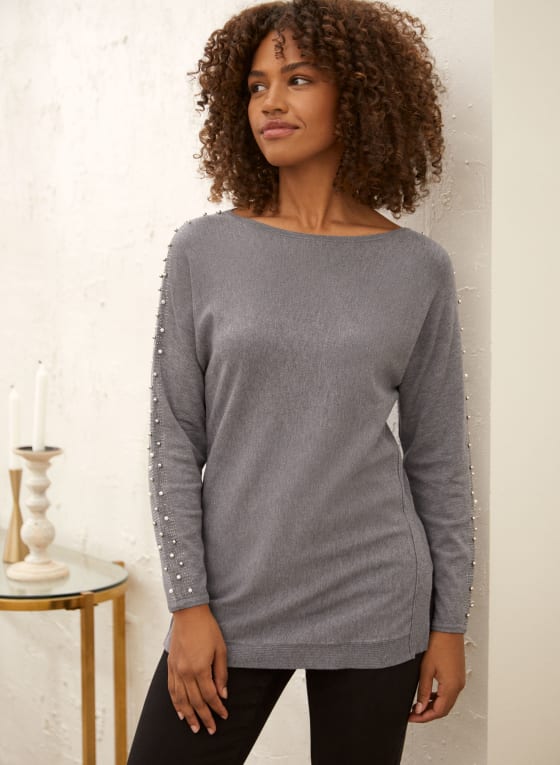 Pearl & Stud Detail Sweater, Medium Grey Mix 