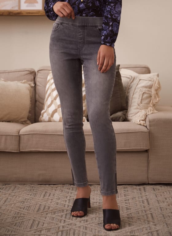 Rhinestone Detail Slim Leg Jeans, Heather Grey