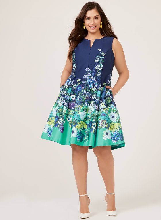 Floral Print Fit & Flare Sleeveless Dress, Blue