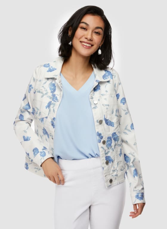Floral Print Denim Jacket, White Pattern