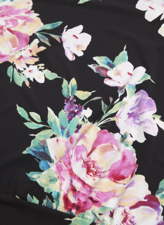 Floral Print 3/4 Bell Sleeve Top, Black Pattern
