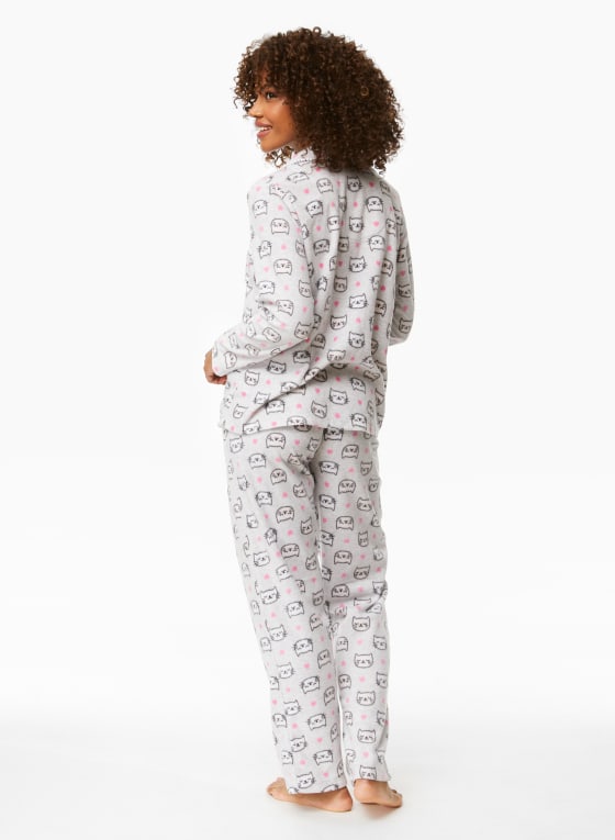 Heart & Cat Print Pyjama Set, Grey Pattern