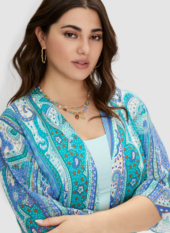 Paisley Print Open Front Top, Blue Pattern