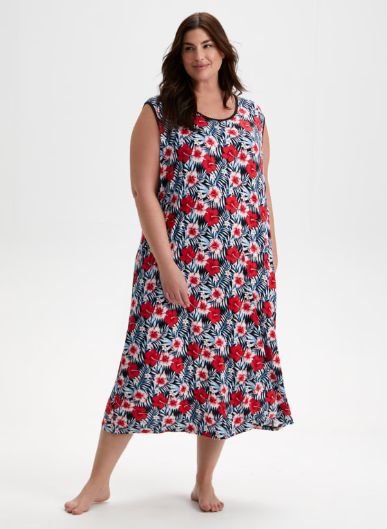 Tropical Floral Print Nightgown, Black Pattern
