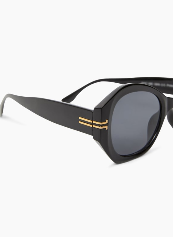 Gold Metallic Stripe Detail Sunglasses, Black