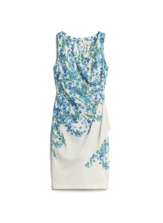 Floral Print Faux Wrap Dress, White Pattern