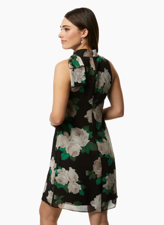 Rose Print Chiffon Dress, Black Pattern
