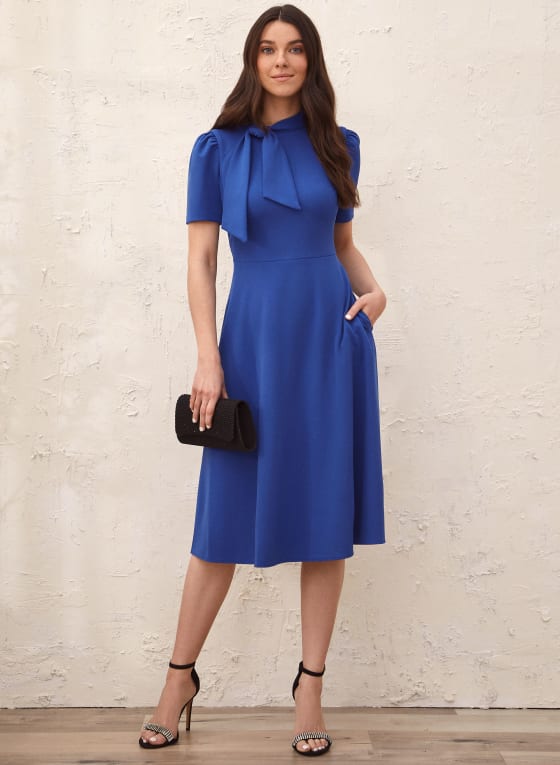 Tie Neck Fit & Flare Dress, Cool Blue