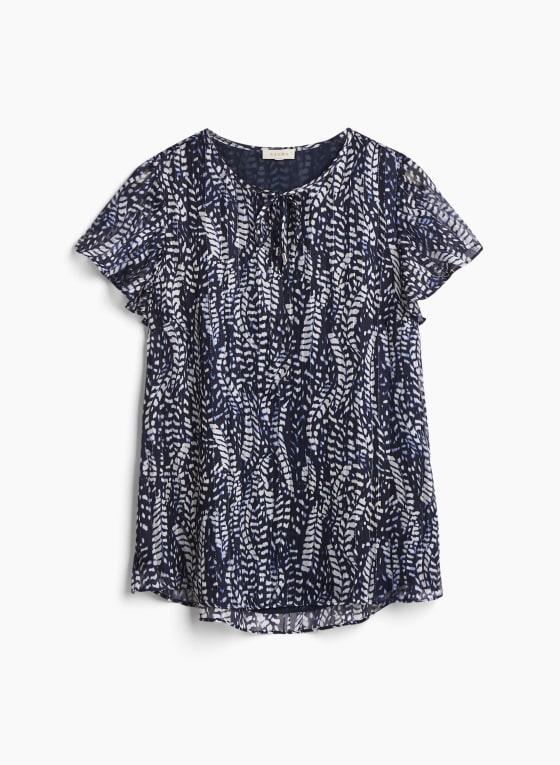 Feather Print Flutter Sleeve Blouse, Navy & White
