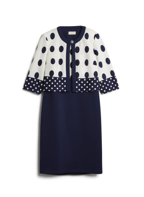 Polka Dot Print Jacket & Dress Set, Blue Pattern
