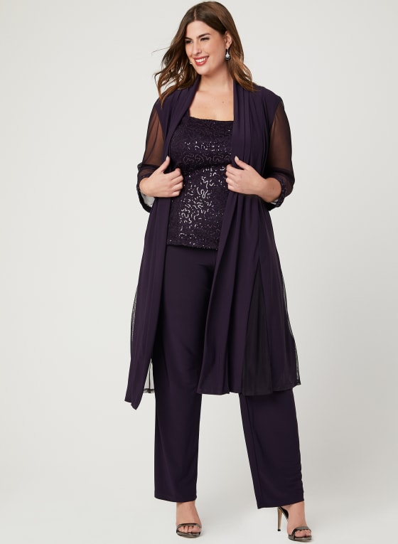 Three Piece Sequin Lace Pantsuit, Purple