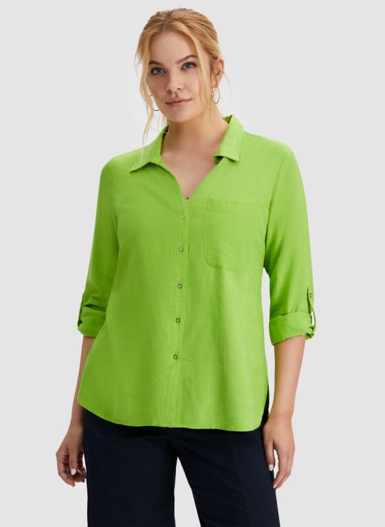 Roll-Up Sleeve Linen-Blend Blouse, Light Green