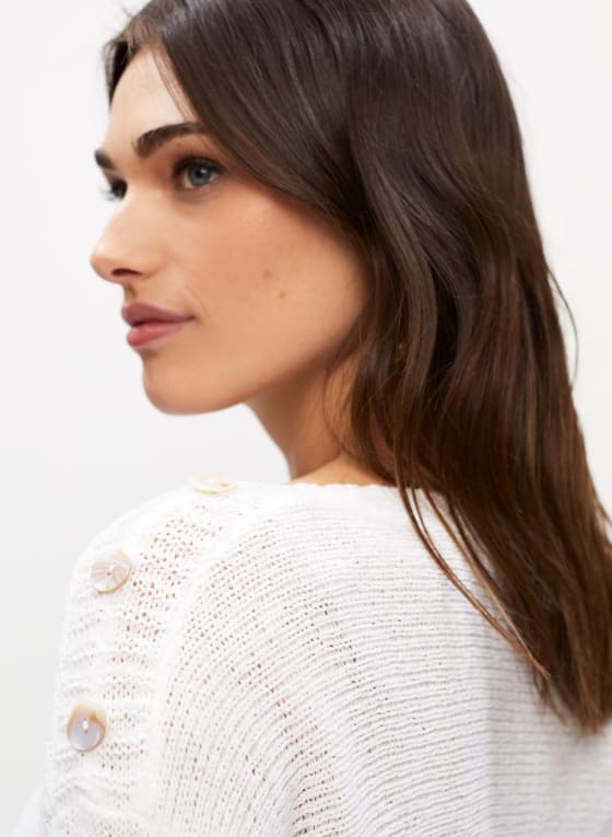Button Detail 3/4 Sleeve Sweater, White