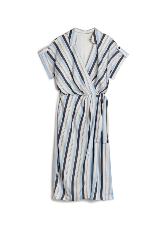 Stripe Print Faux Wrap Dress, Blue Pattern