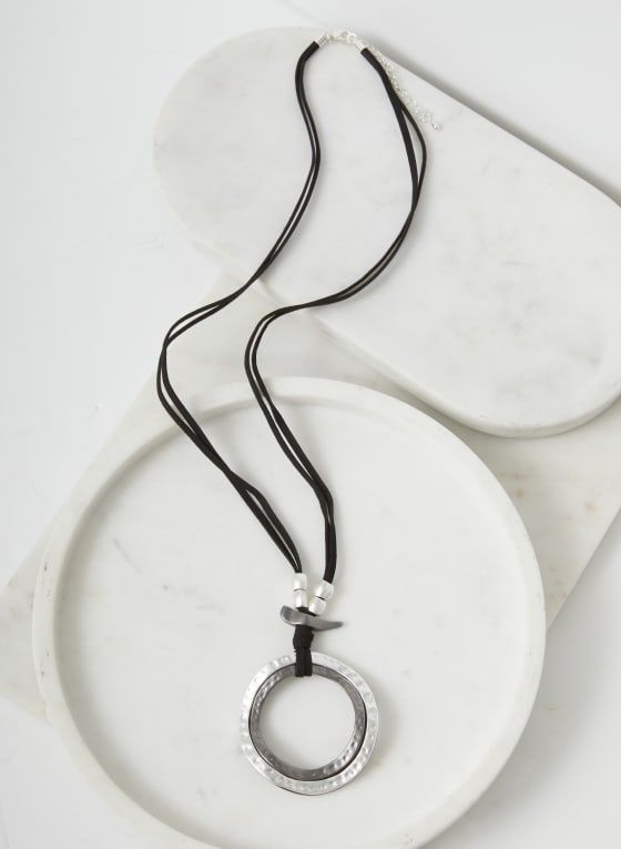 Two Tone Circle Pendant Necklace, Dark Grey