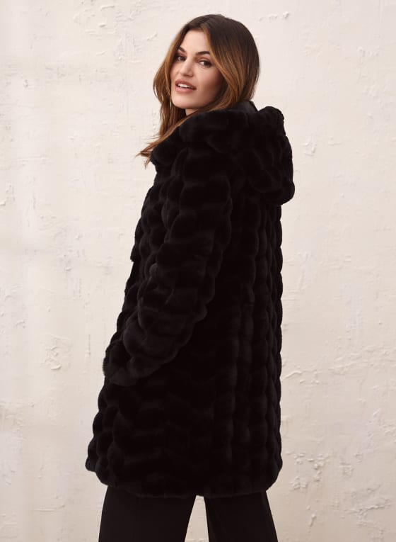 Patterned Faux Fur Coat, Black