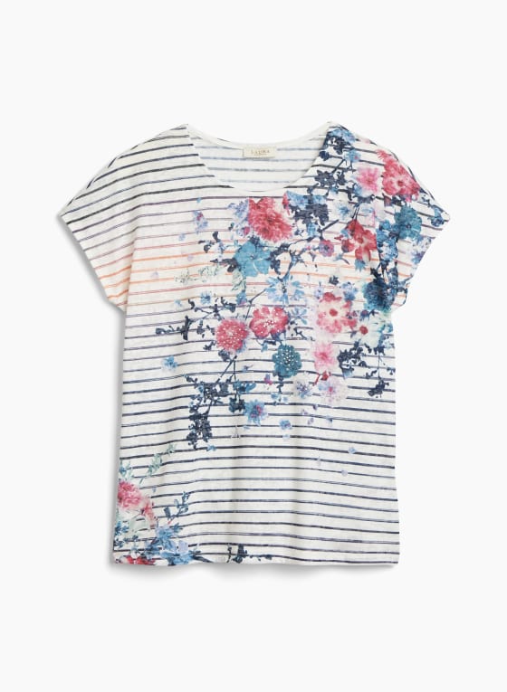 T-shirt à fleurs et rayures, Bleuet