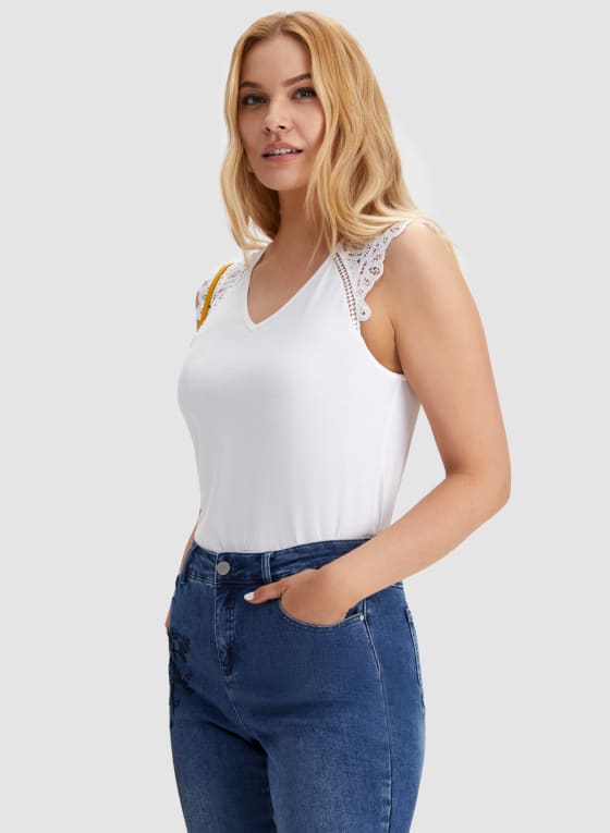 Lace Cap Sleeve T-Shirt, White