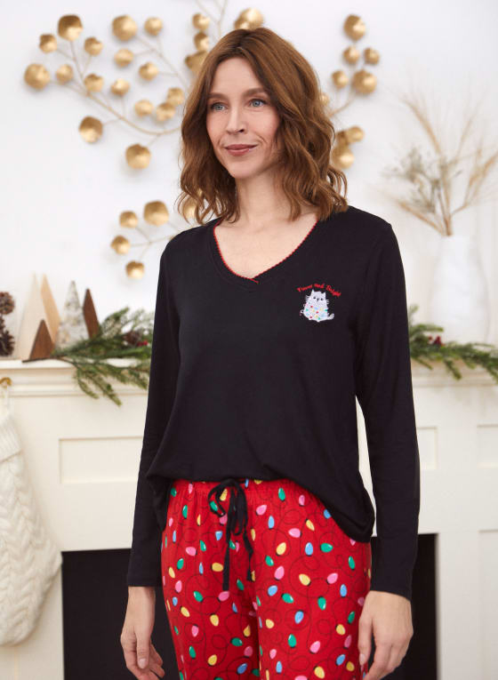 Holiday Print Pyjama Set, Black Pattern