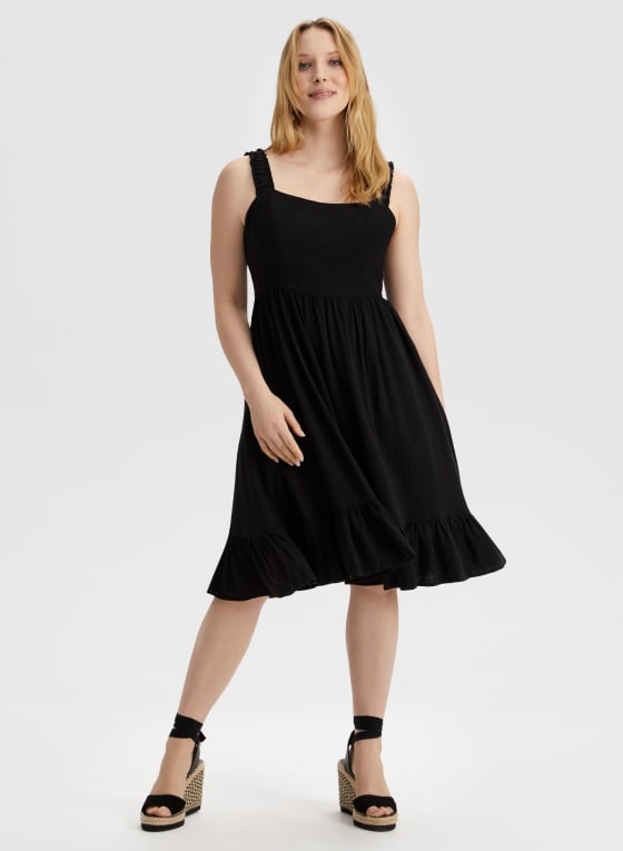 Linen Blend Elastic Strap Dress, Black