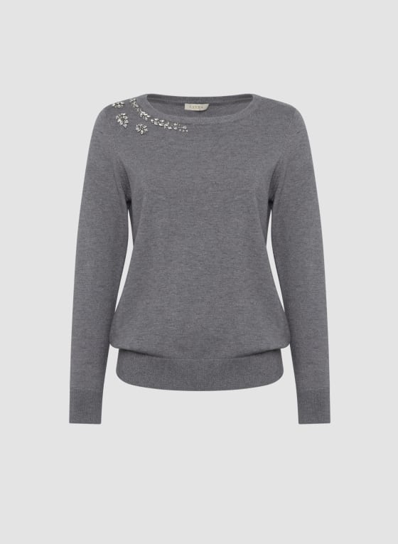Rhinestone Appliqué Sweater, Medium Grey Mix 
