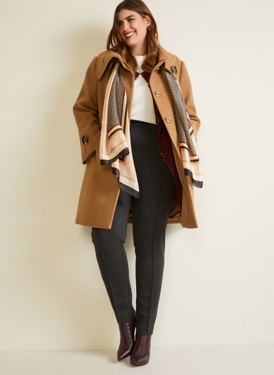 Stretch Faux Wool Button Detail Coat, Camel
