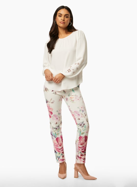 Pull-On Floral Print Pants, White Pattern