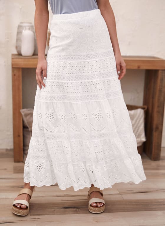 Cotton Eyelet Tiered Maxi Skirt, White