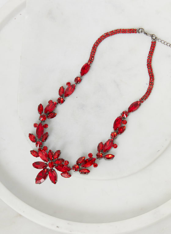 Collier à motif feuilles en pierres et cristaux, Rouge
