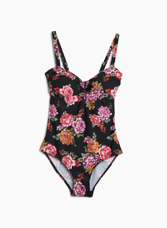 Nass-eau - Floral Print One-Piece Swimsuit, Black Pattern