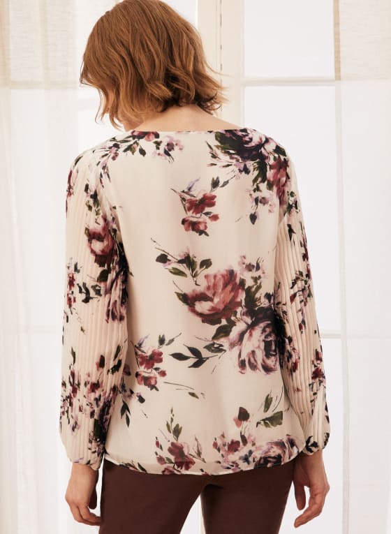 Floral Print Pleated Sleeve Blouse, White Pattern